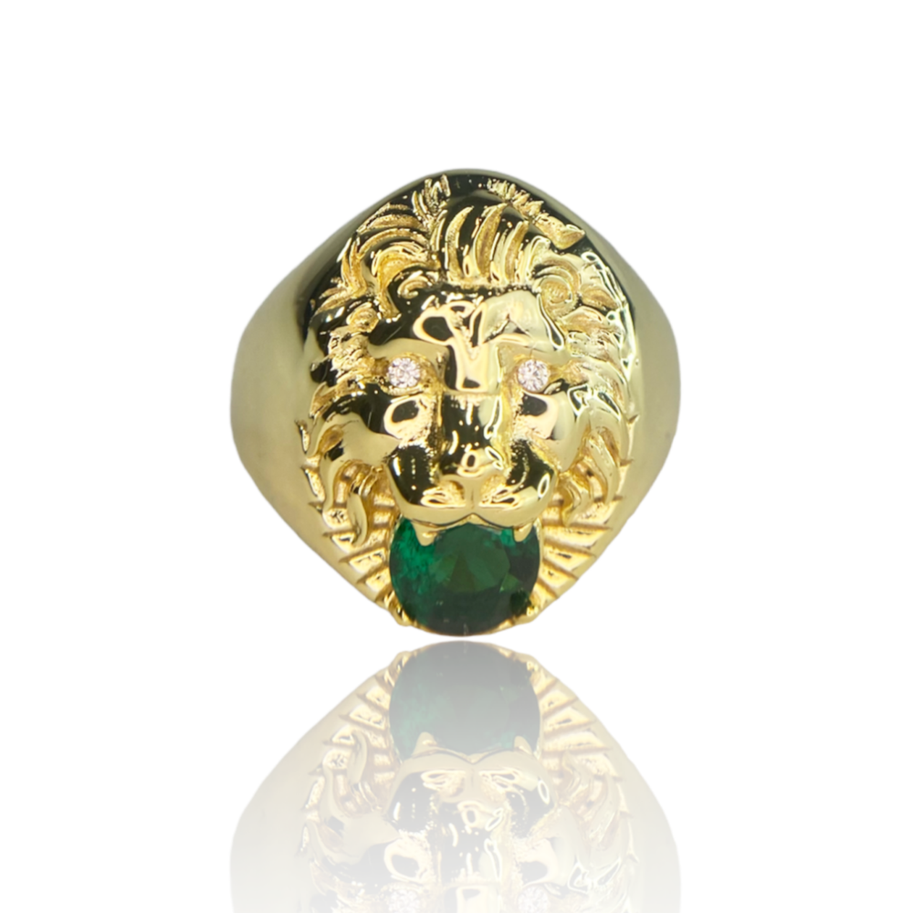 Lion Gold Ring With Green Emerald And White Crystals